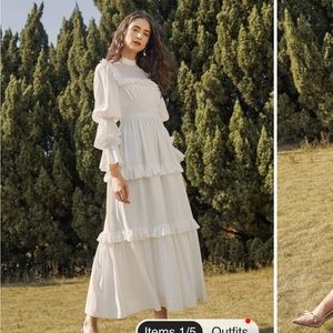 SHEIN Mock Neck Gathered Sleeve Layered Ruffle Detail Dress